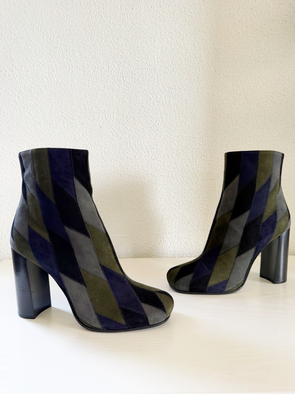 Prada Patchwork Suede Jewel Tone Ankle Boots Size EU 36.5 Blue Green Gray Black - Picture 2 of 11